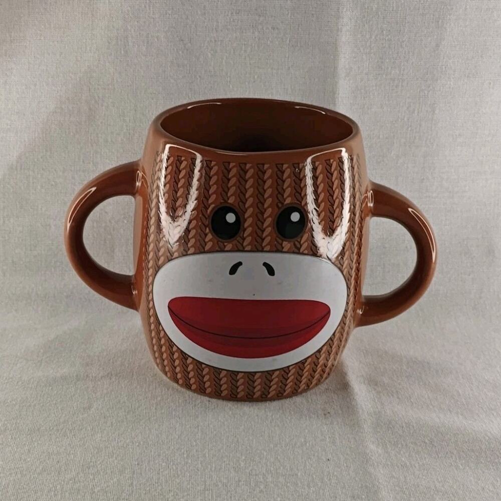 Galerie Sock Monkey Brown Ceramic Double Handle Coffee Mug Microwave Safe